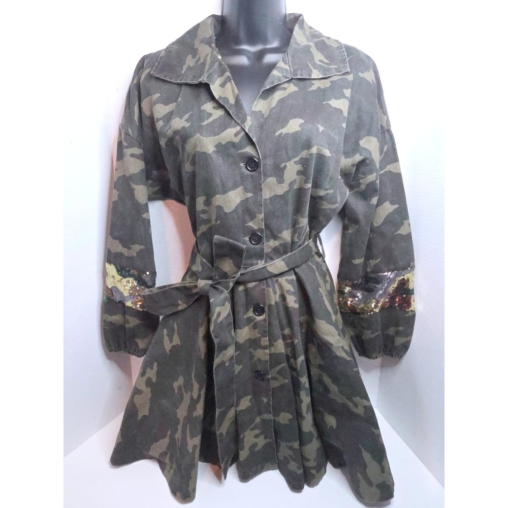 Camo Sequin Back Belted Utility Jacket/Swing Dress Green Camouflage SZ Large